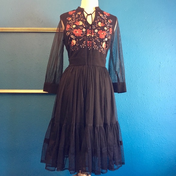 eshakti Dresses & Skirts - eShakti black dress w/ embroidery & mesh sleeves